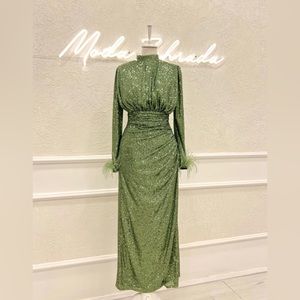 Sequin Long sleeve green modest dress.